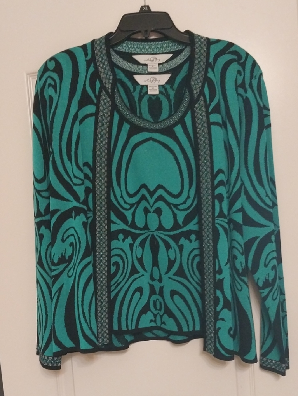 Alfani Teal and Black Abstract Knit Scoop-Neck Top